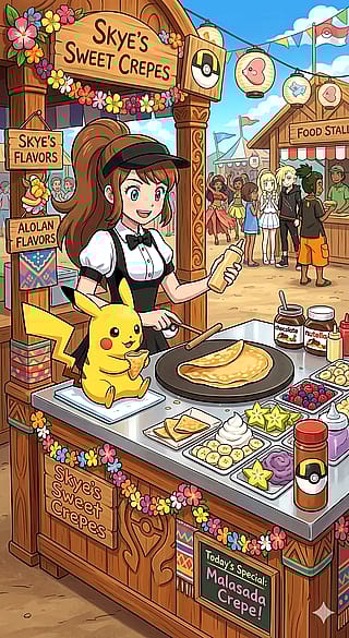 Skye working at a crepe stand at an Alolan festival'