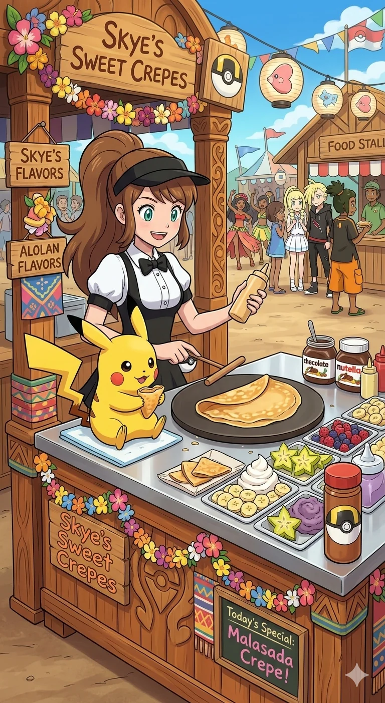 Skye working at a crepe stand at an Alolan festival picture 1 of 1