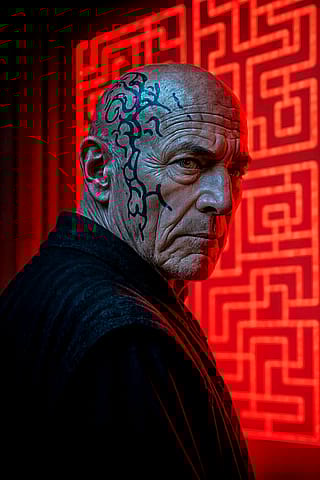 An older, bald man with a distinctive tattoo and a stern, intense expression, looking slightly over his shoulder toward the viewer.'