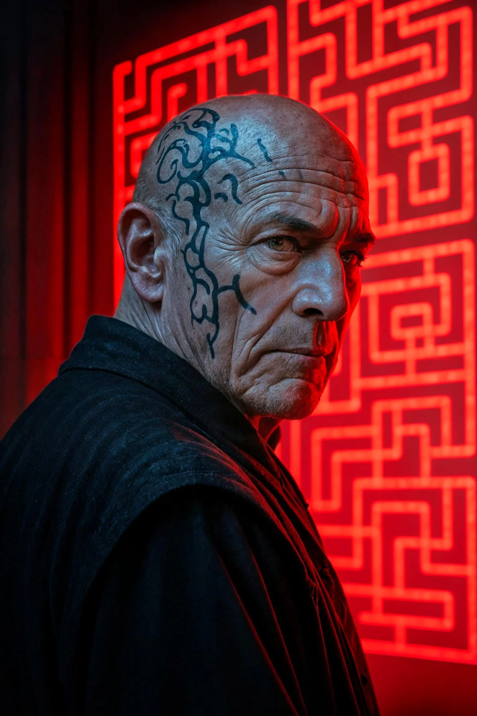 An older, bald man with a distinctive tattoo and a stern, intense expression, looking slightly over his shoulder toward the viewer. picture 1 of 1