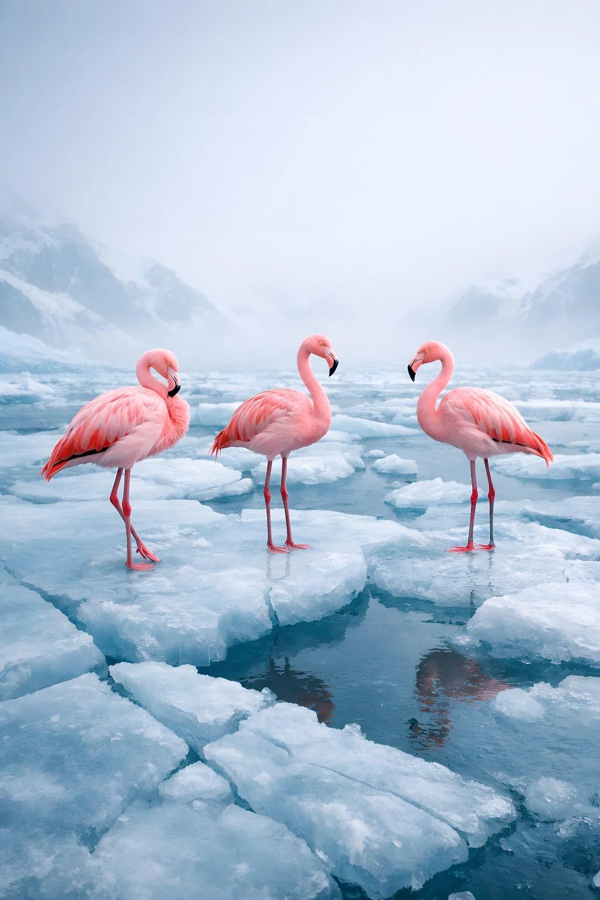 Three flamingos standing on broken ice in the Arctic picture 1 of 1