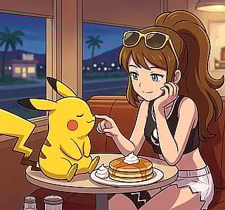 Skye and Chupi in a diner'