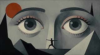 怪诞而奇幻的景象：巨大的眼睛在山脉间缓缓睁闭，凝视并追随来者的动作'