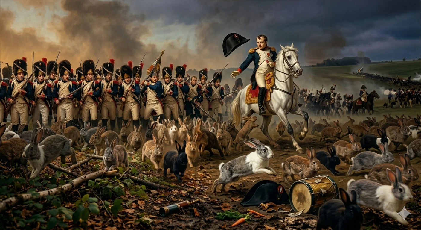 Napoleon fighting a horde of rabbits in Waterloo 1815 (David painting ) picture 1 of 1