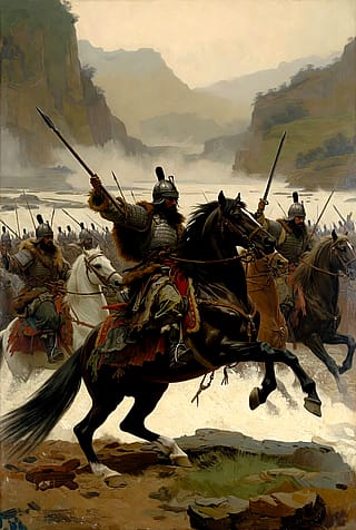Mongols Crossing the Yalu River to Invade Korea, drawn using oil-on-canvas, in the style of Emanuel Leutze (painter of Washington Crossing the Delaware)'