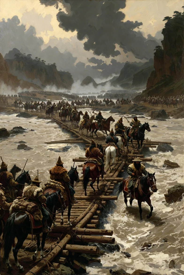 Mongols Crossing the Yalu River to Invade Korea, drawn using oil-on-canvas, in the style of Emanuel Leutze (painter of Washington Crossing the Delaware) picture 2 of 4