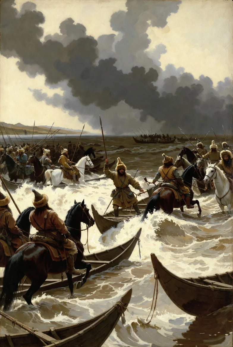 Mongols Crossing the Yalu River to Invade Korea, drawn using oil-on-canvas, in the style of Emanuel Leutze (painter of Washington Crossing the Delaware) picture 3 of 4