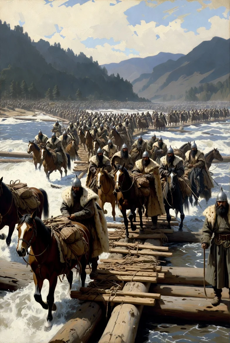 Mongols Crossing the Yalu River to Invade Korea, drawn using oil-on-canvas, in the style of Emanuel Leutze (painter of Washington Crossing the Delaware) picture 4 of 4
