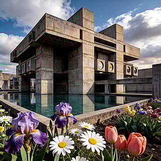Brutalist architecture and spring flowers'