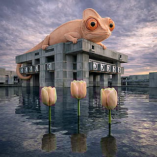 Giant chameleon blending in with giant tulips'