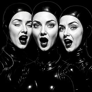 A black-and-white, stylized image featuring three identical female faces arranged closely together with open mouths.'