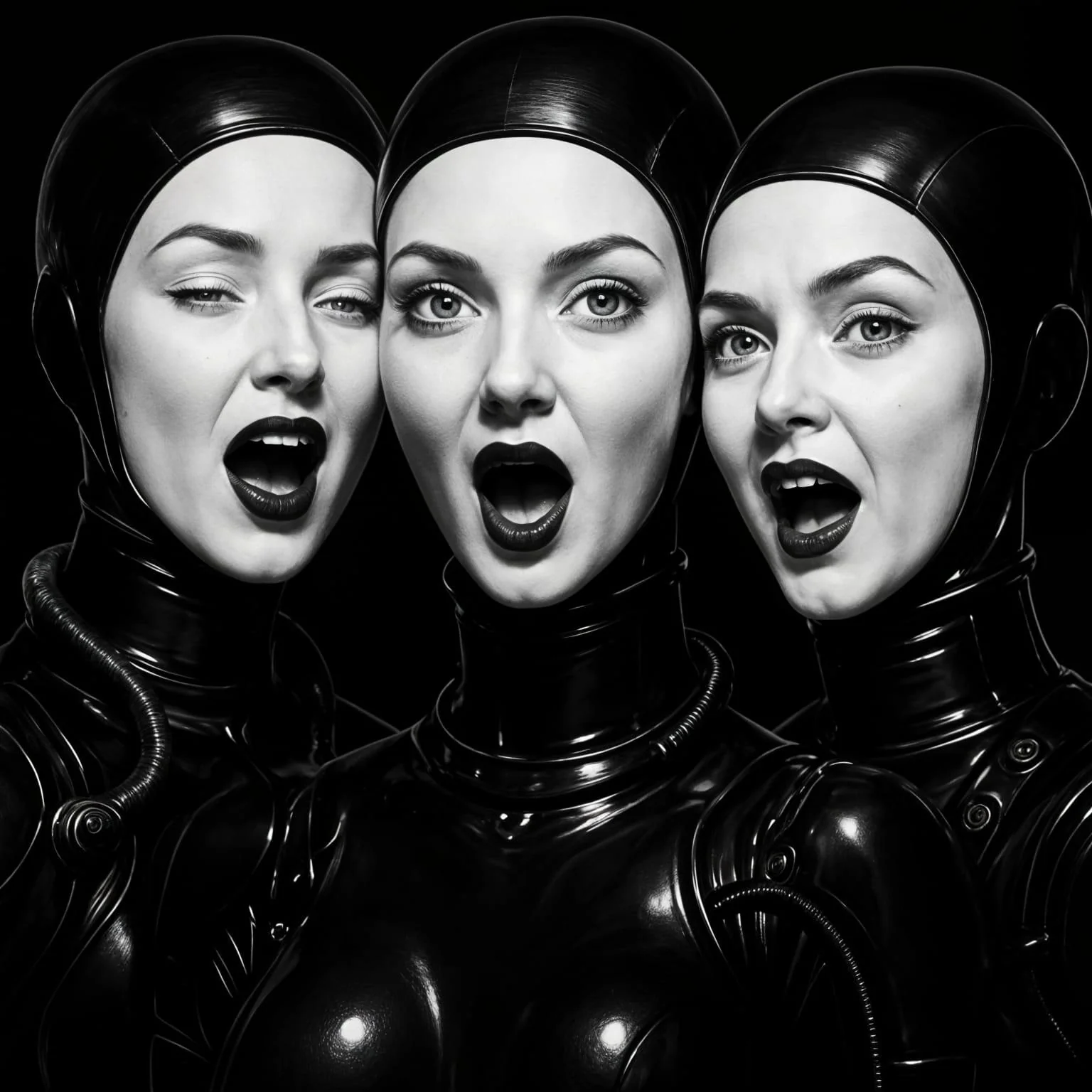 A black-and-white, stylized image featuring three identical female faces arranged closely together with open mouths. picture 1 of 1