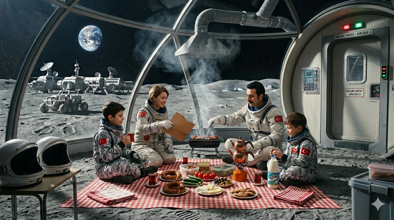 "Turkish Family Having a Picnic on the Moon's Surface." picture 1 of 1
