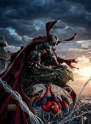 Spawn/Spider-Man crossover cover from the Overstreet Comic Book Price Guide (2020/2021), but more Cinematic.'
