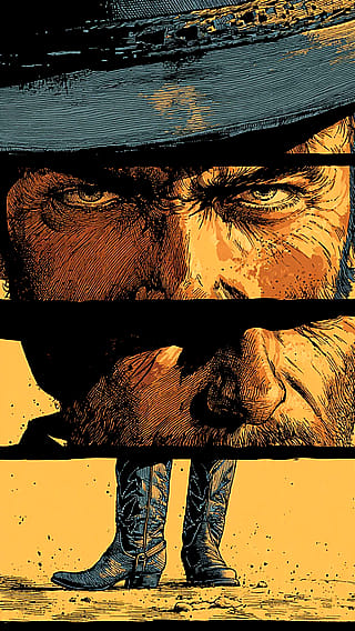 A graphic novel illustration capturing the iconic close-up intensity of Sergio Leone's Spaghetti Western films — specifically the extreme close-up sequences of The Good, the Bad and the Ugly.'