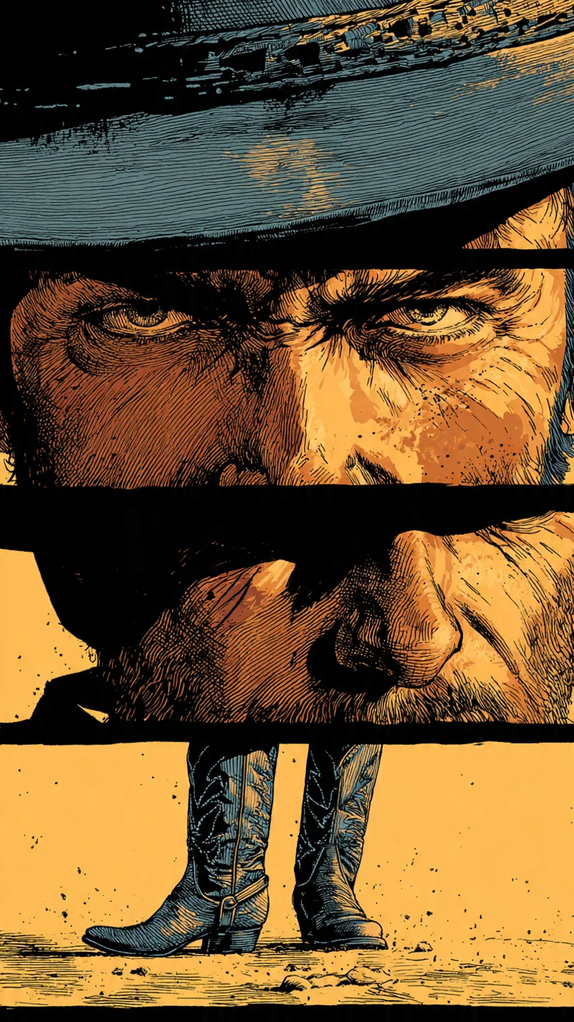 A graphic novel illustration capturing the iconic close-up intensity of Sergio Leone's Spaghetti Western films — specifically the extreme close-up sequences of The Good, the Bad and the Ugly. picture 1 of 4