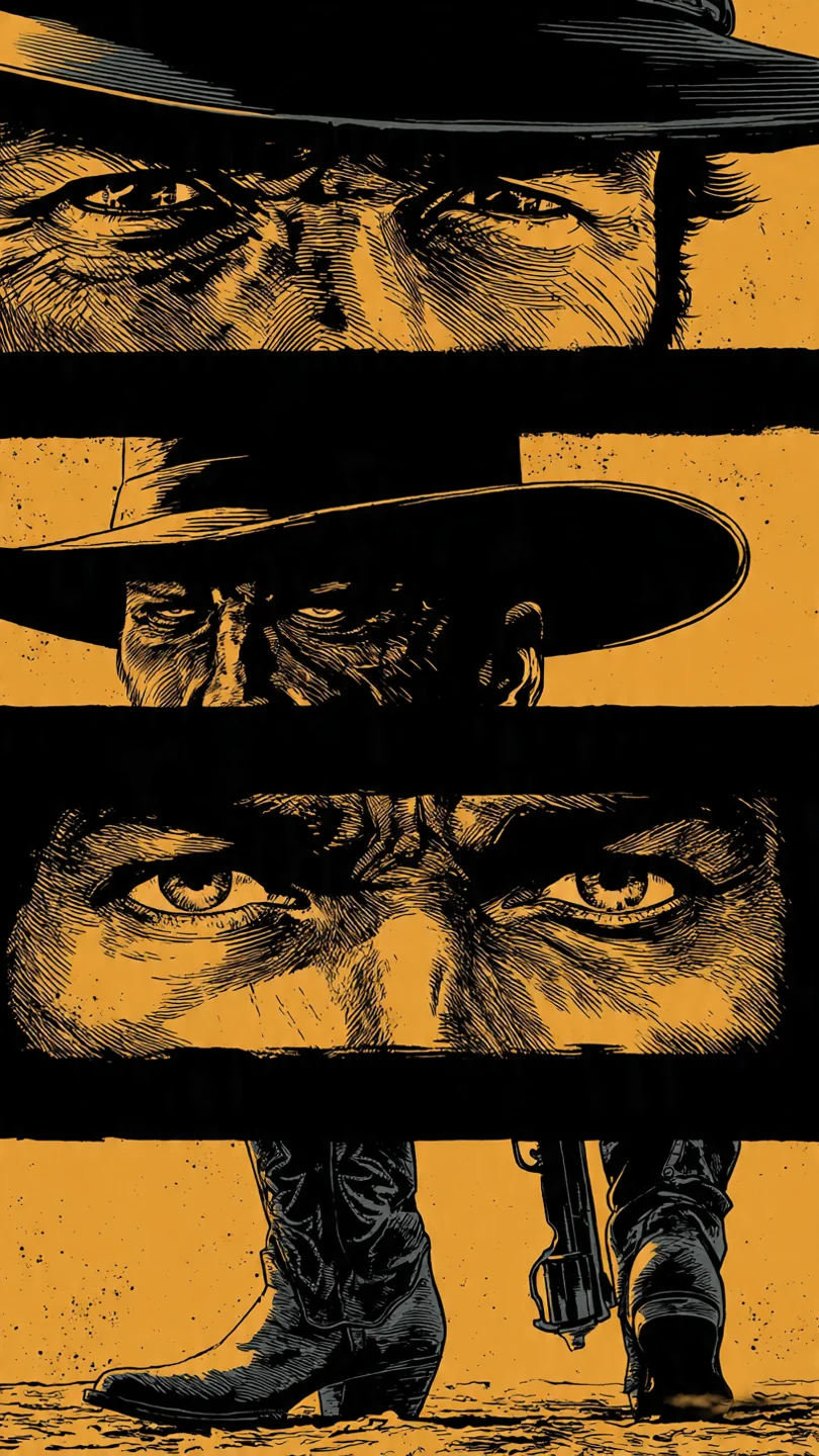 A graphic novel illustration capturing the iconic close-up intensity of Sergio Leone's Spaghetti Western films — specifically the extreme close-up sequences of The Good, the Bad and the Ugly. picture 2 of 4