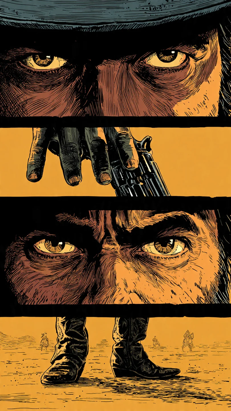 A graphic novel illustration capturing the iconic close-up intensity of Sergio Leone's Spaghetti Western films — specifically the extreme close-up sequences of The Good, the Bad and the Ugly. picture 3 of 4