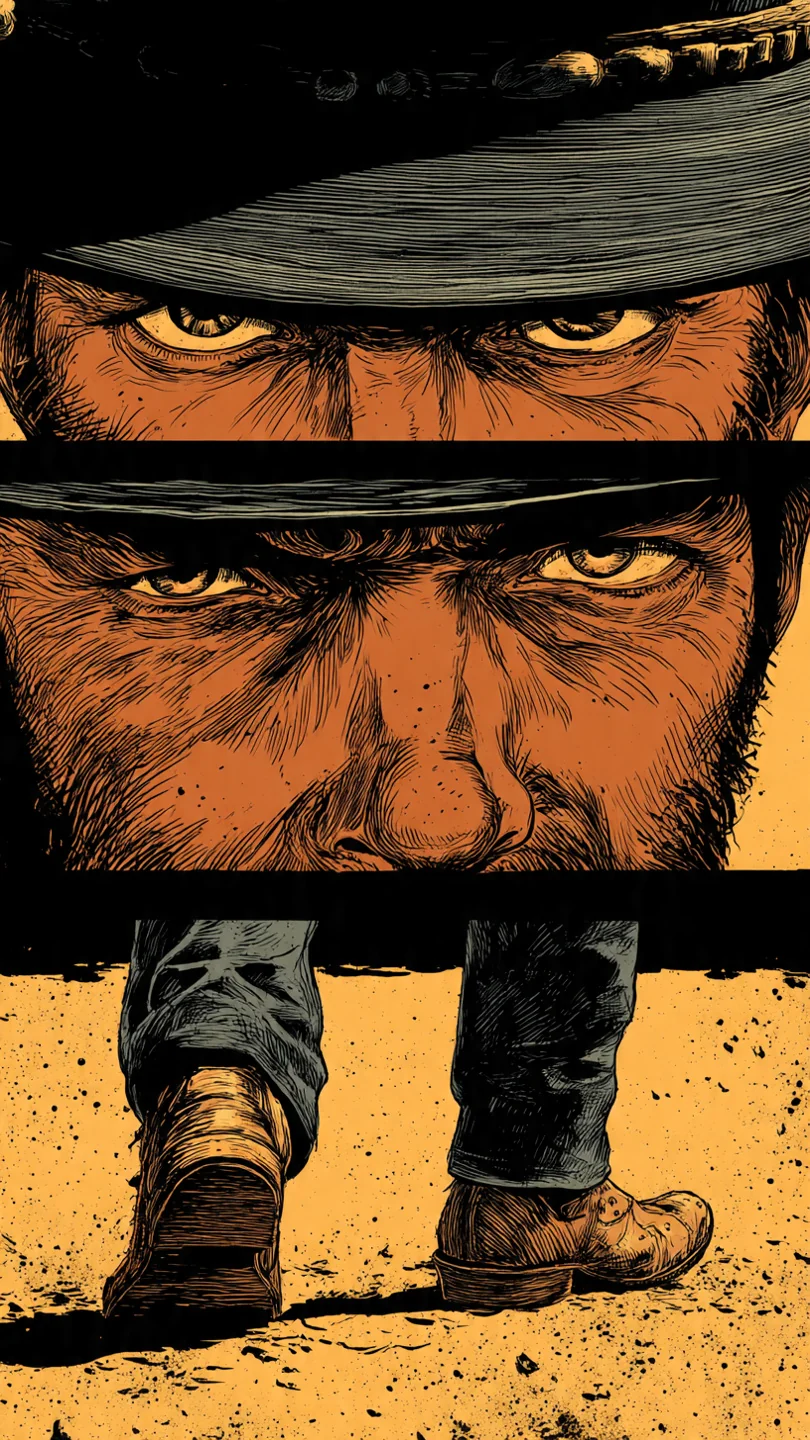 A graphic novel illustration capturing the iconic close-up intensity of Sergio Leone's Spaghetti Western films — specifically the extreme close-up sequences of The Good, the Bad and the Ugly. picture 4 of 4