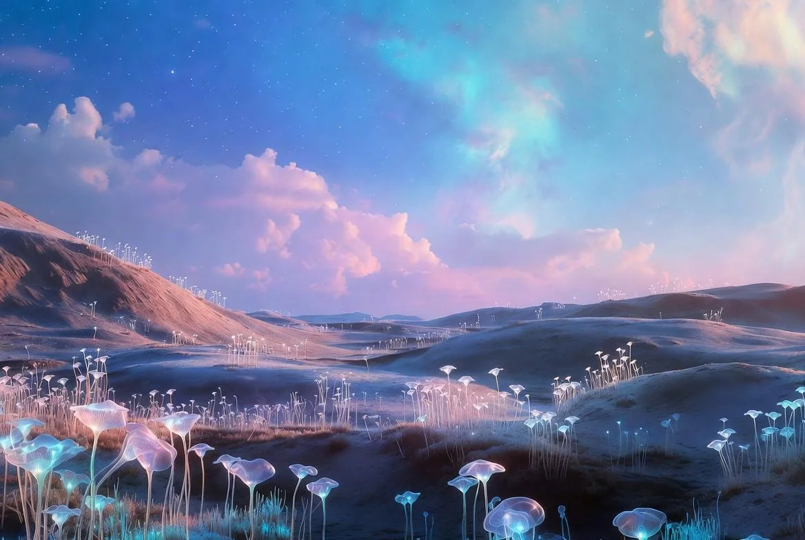 “Lost in the gentle glow of an alien twilight… my peaceful escape planet 🌌✨ [OC]” picture 1 of 1