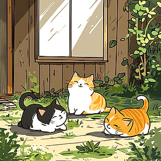 Three Cats Playing in the Yard'