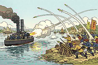 Gunboat diplomacy in the Opium Wars - Ukiyo-e Style'