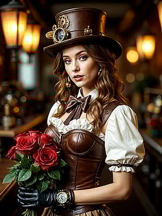 Woman in Steampunk attire holding roses.'