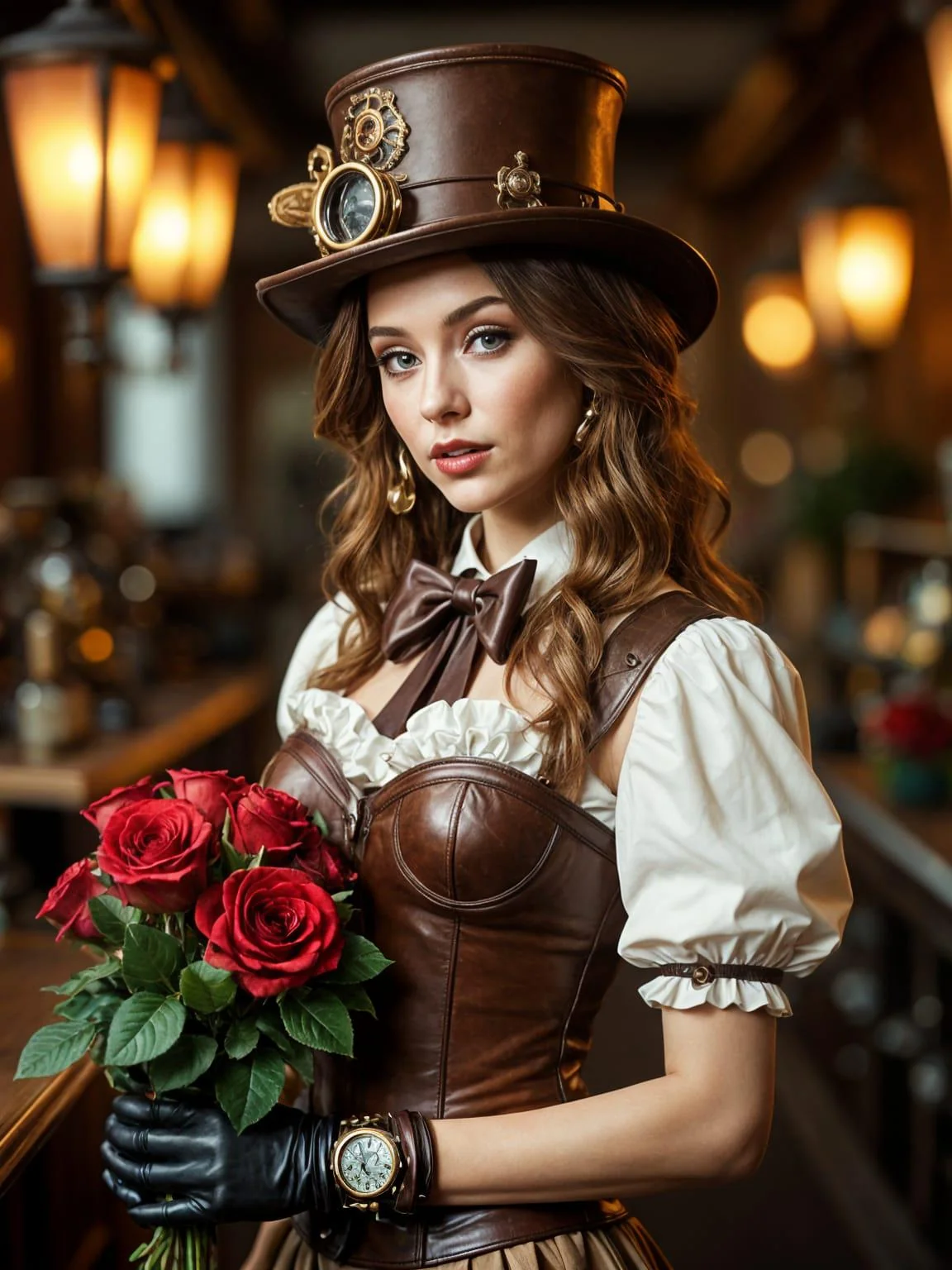 Woman in Steampunk attire holding roses. picture 1 of 1