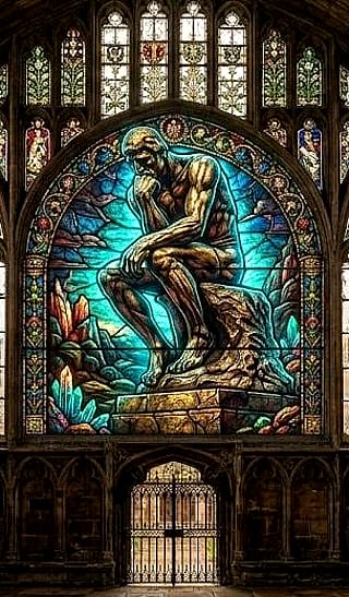 Gothic Bioluminescent Stained Glass — turned my wife's photo into a cathedral window, then went wild with dragons and sculptures'