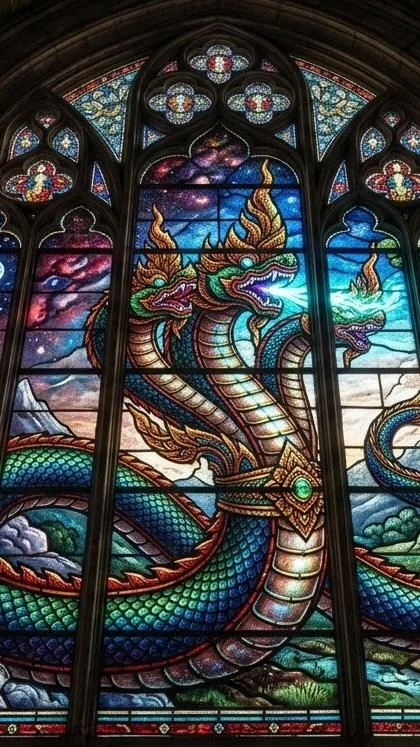 Gothic Bioluminescent Stained Glass — turned my wife's photo into a cathedral window, then went wild with dragons and sculptures picture 2 of 10
