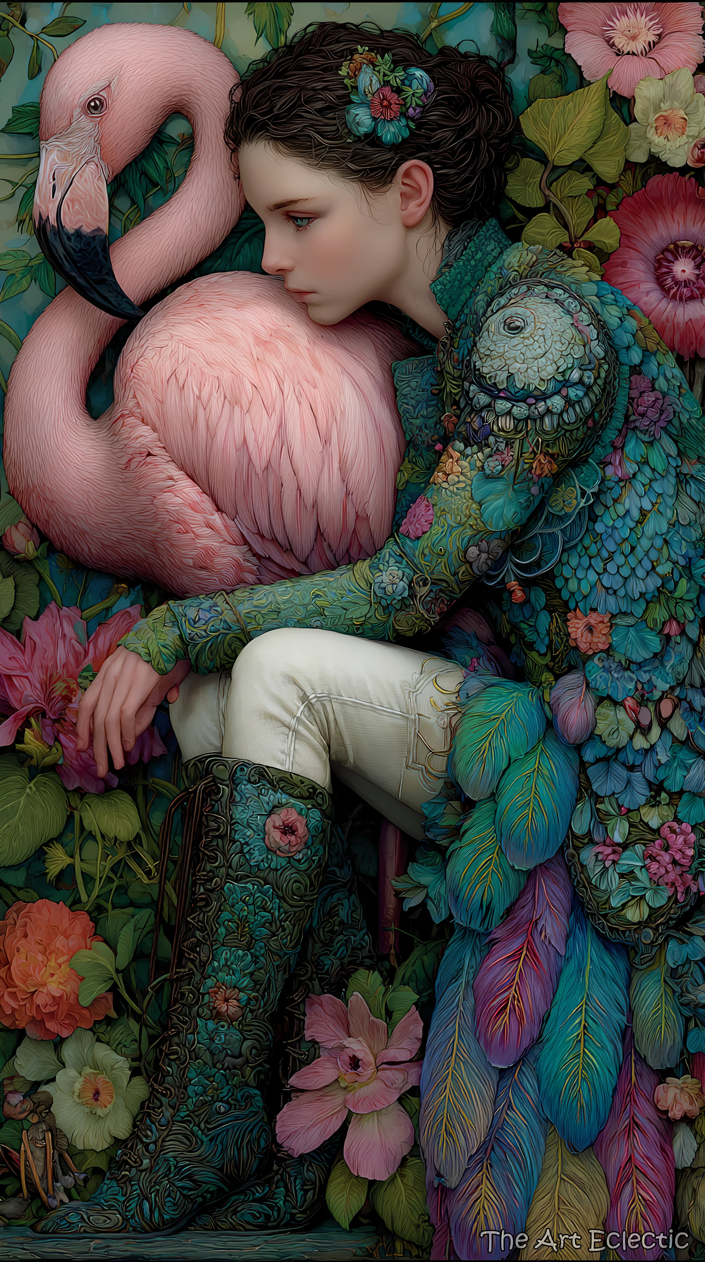 Finding a quiet sanctuary in a soft garden... The Girl and the Flamingo picture 1 of 1