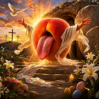 Peach with human tongue has risen (Happy Easter)'