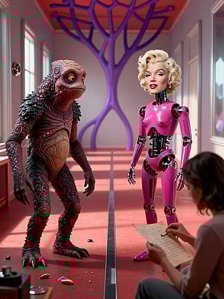 Pink echoes, scaled whispers, metallic dreams'