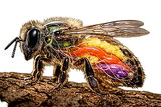 Glass Bee Anatomy — A hyper-realistic macro of a honeybee with a translucent, glass-like exoskeleton revealing color-coded internal organs. Scientifically inspired structures meet artistic clarity, blending education and surreal beauty in a striking AI visualization.'
