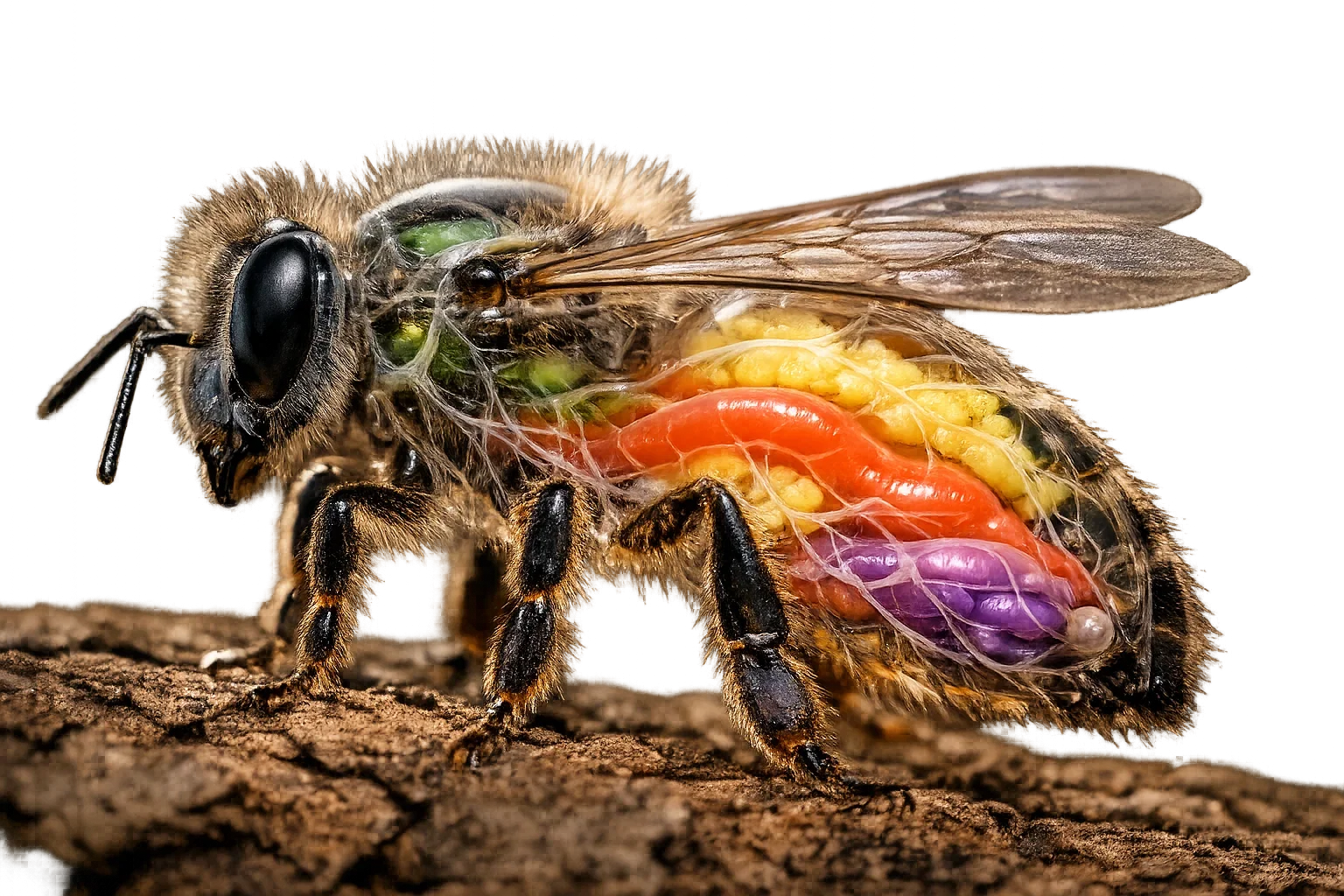 Glass Bee Anatomy — A hyper-realistic macro of a honeybee with a translucent, glass-like exoskeleton revealing color-coded internal organs. Scientifically inspired structures meet artistic clarity, blending education and surreal beauty in a striking AI visualization. picture 1 of 1