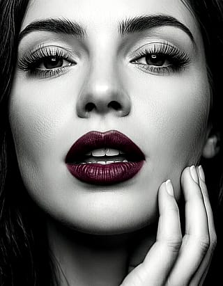 Black & white, burgundy lipstick, high contrast'