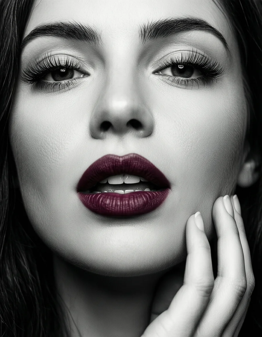 Black & white, burgundy lipstick, high contrast picture 1 of 1