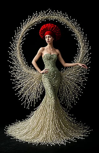 Woman wearing a striking, avant-garde outfit.'