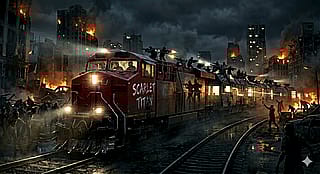 A locomotive passing through a ruined city in a zombie apocalypse.'