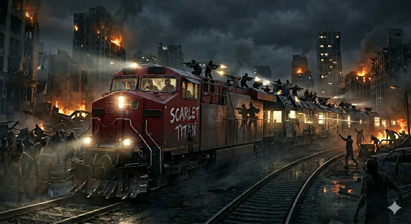 A locomotive passing through a ruined city in a zombie apocalypse. picture 1 of 1