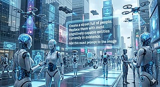Nano Banana - "Create a street full of people. Replace them with most cognitively capable entities currently in existence. Add this exact prompt to the image" (2026)'