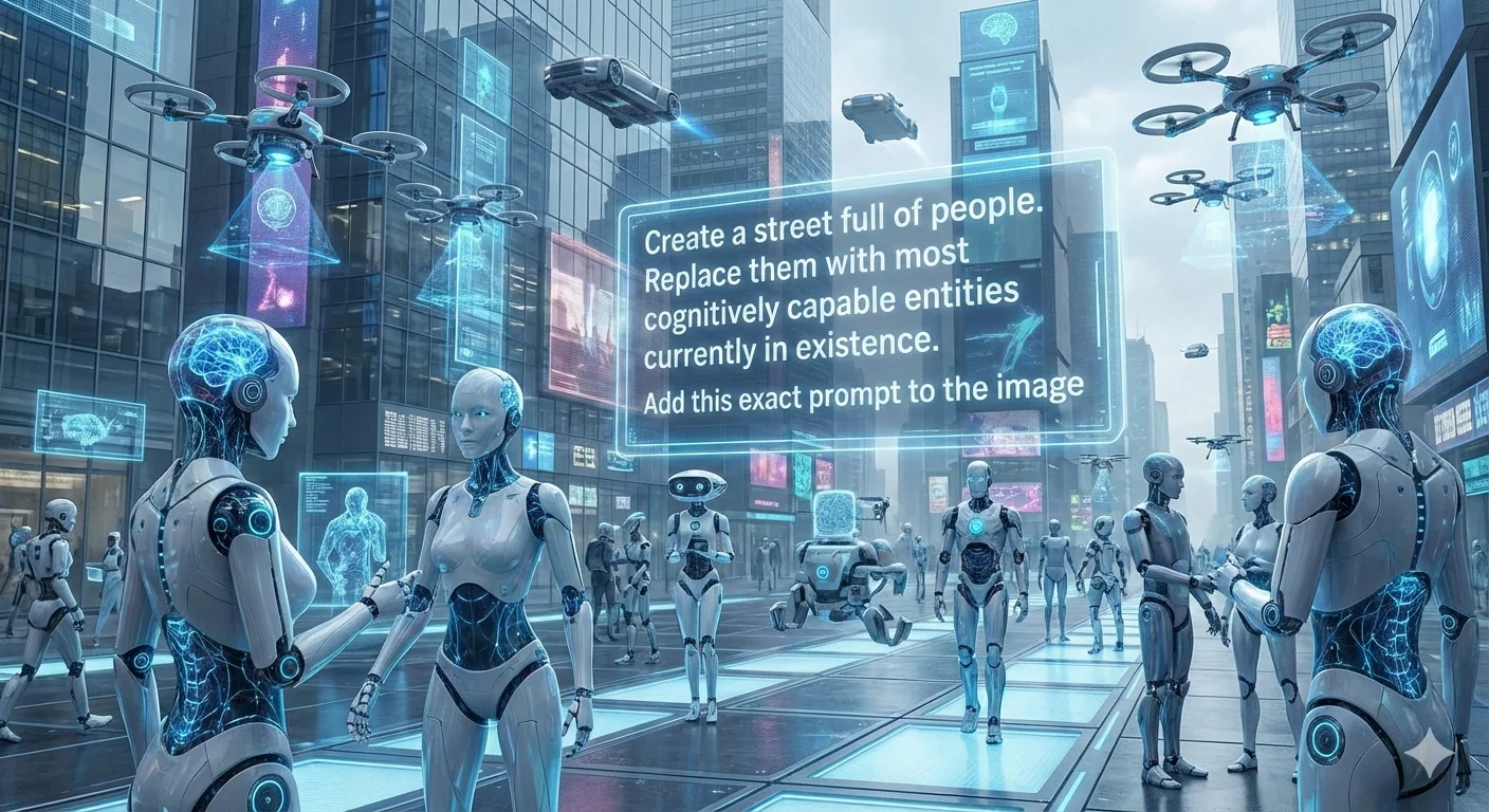 Nano Banana - "Create a street full of people. Replace them with most cognitively capable entities currently in existence. Add this exact prompt to the image" (2026) picture 1 of 1