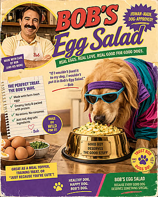 I made a ridiculous 90s ad for dog egg salad. It gets funnier every time I look at it'