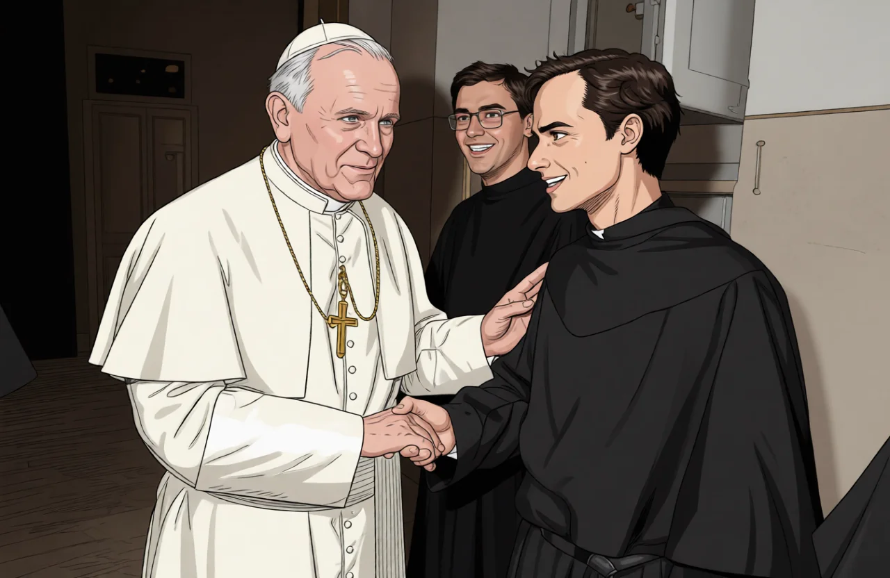 The pic is actually real, only modified from the old pic. Old Pope meeting Future Pope picture 1 of 1