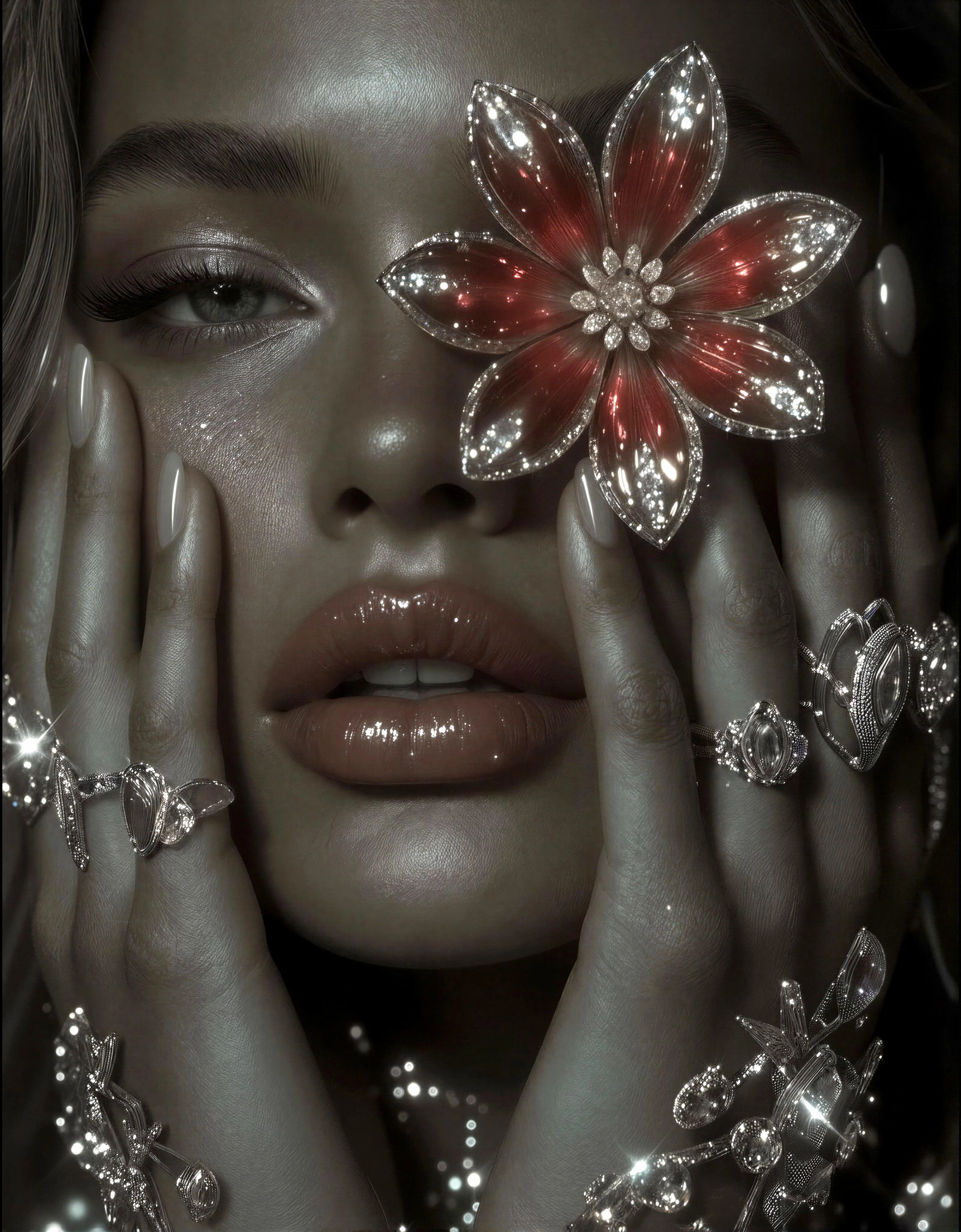 High-Fashion Portrait with Red Flower Accent picture 1 of 1