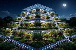 „Future of Urban Farming: Massive Terraced Pyramid Farm Illuminated at Night” 🌌'