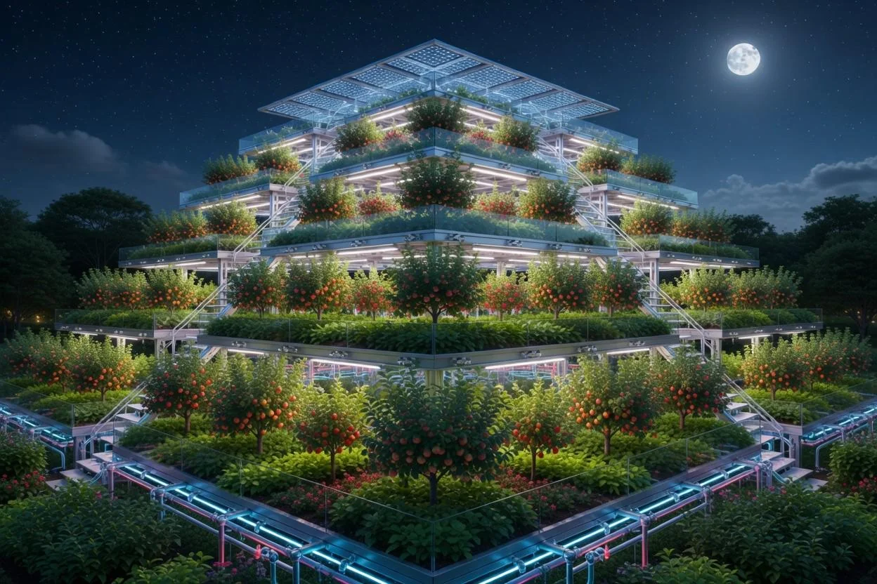 „Future of Urban Farming: Massive Terraced Pyramid Farm Illuminated at Night” 🌌 picture 1 of 1
