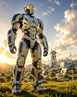 Solarpunk full-borg conversion, guardian of the ecovillage.'