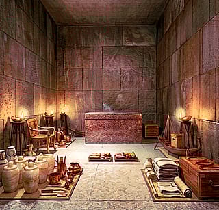 Pharaoh Khufu's burial chamber inside the Great Pyramid after the funeral'