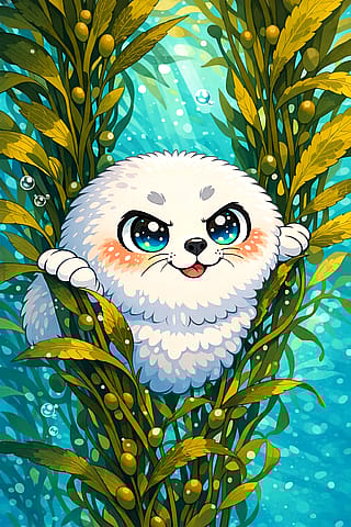 Sinya the Lake Seal from Baikal + her spirit sidekick (my hybrid color chaos creature — hand-edited + AI)'